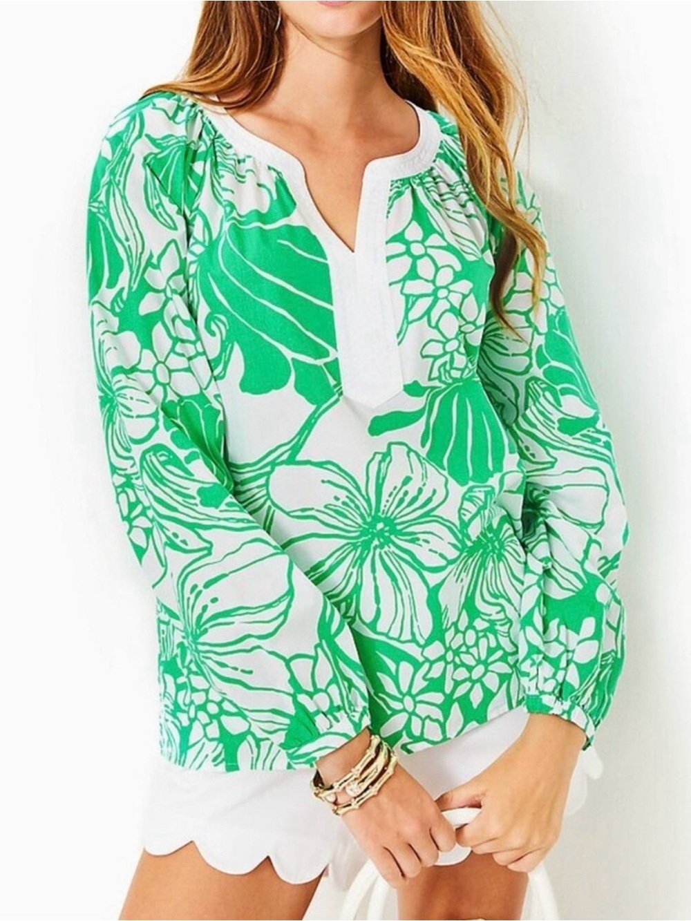 Lilly Pulitzer White and Green Floral Peasant Tunic